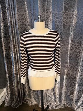 Velvet Heart: Striped Knit Crewneck Sweater in White, Black & Brown